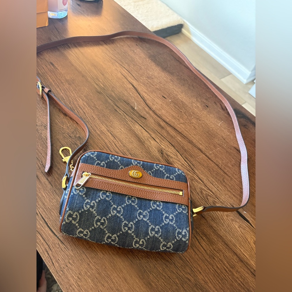 Gucci Blue Denim GG Crossbody with Brown Leather Trim and Gold Hardware
